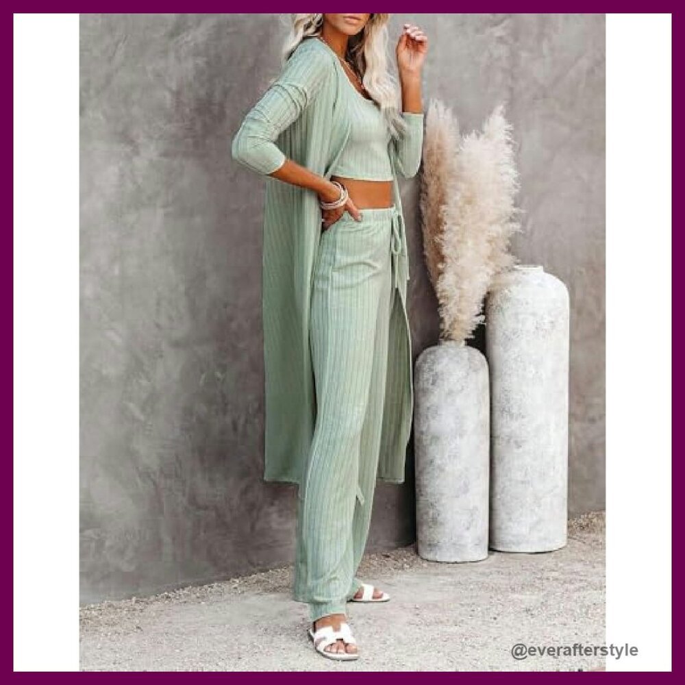 3 Piece Lounge Set Knit Cardigan Crop Top Wide Leg Pants Comfy Chic - Picture 7 of 8